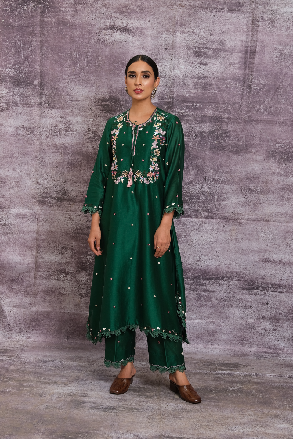Emerald Green French Knot Handkerchief Style Kurta Set
