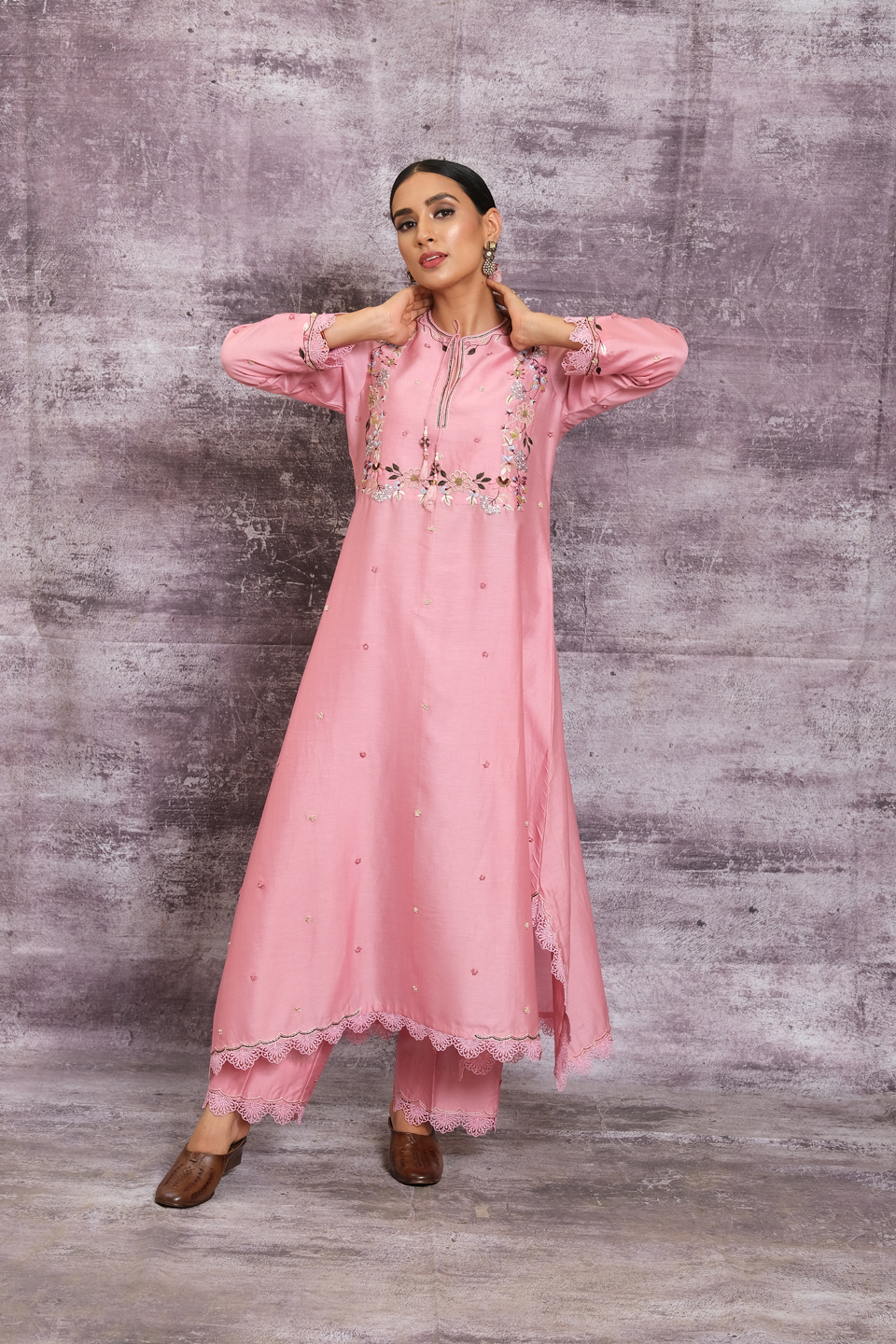 Pink French Knot Handkerchief Style Kurta Set