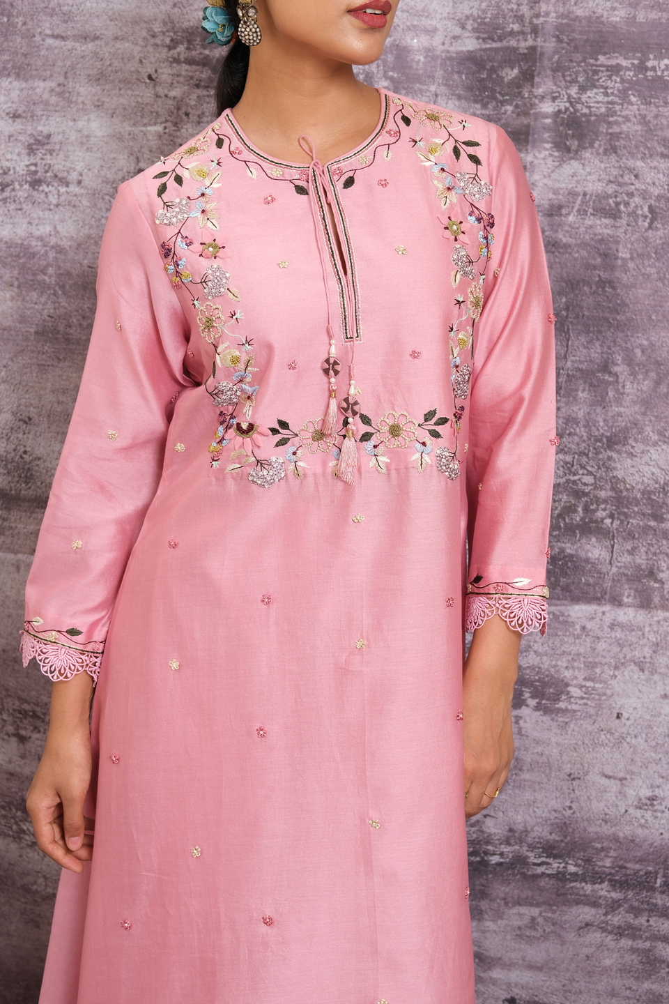 Pink French Knot Handkerchief Style Kurta Set