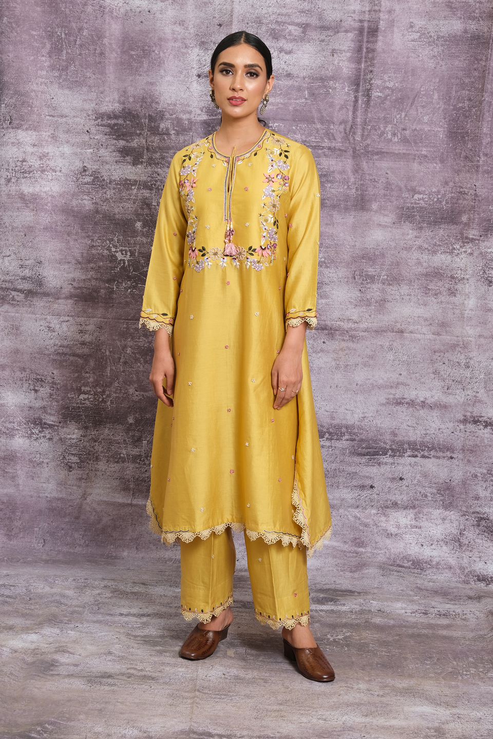 Yellow French Knot Handkerchief Style Kurta Set