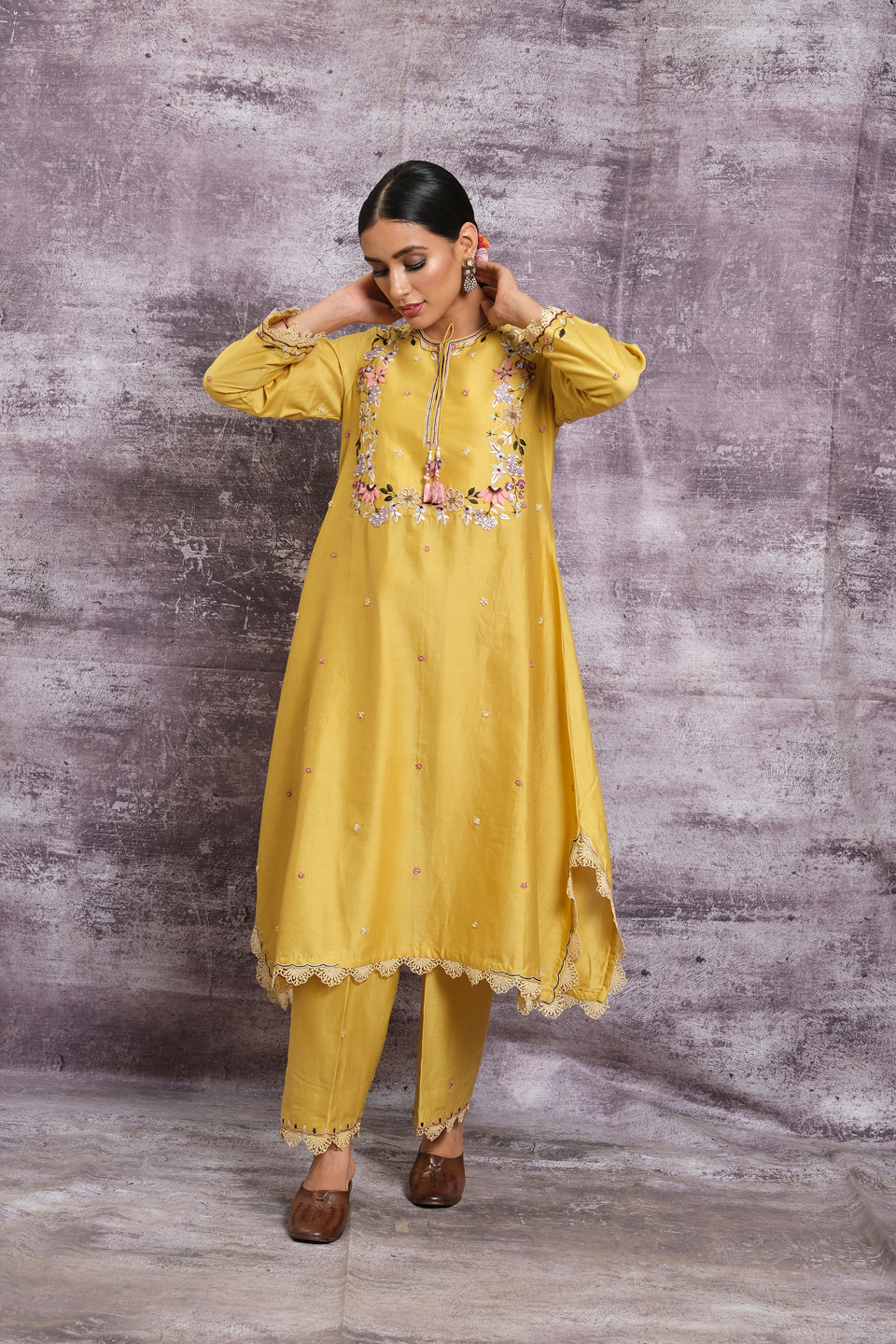 Yellow French Knot Handkerchief Style Kurta Set