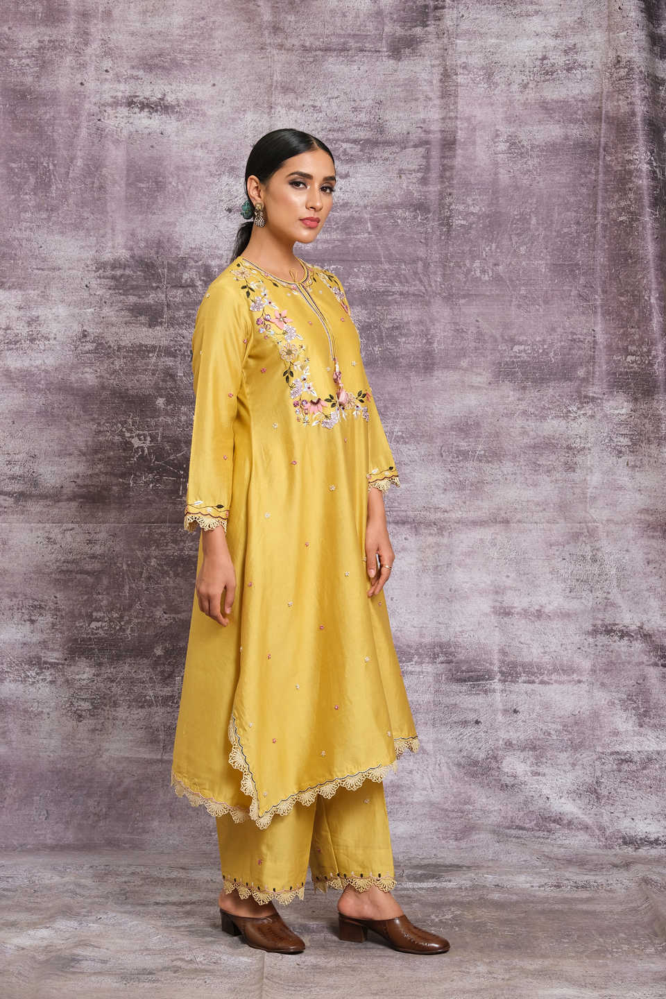 Yellow French Knot Handkerchief Style Kurta Set