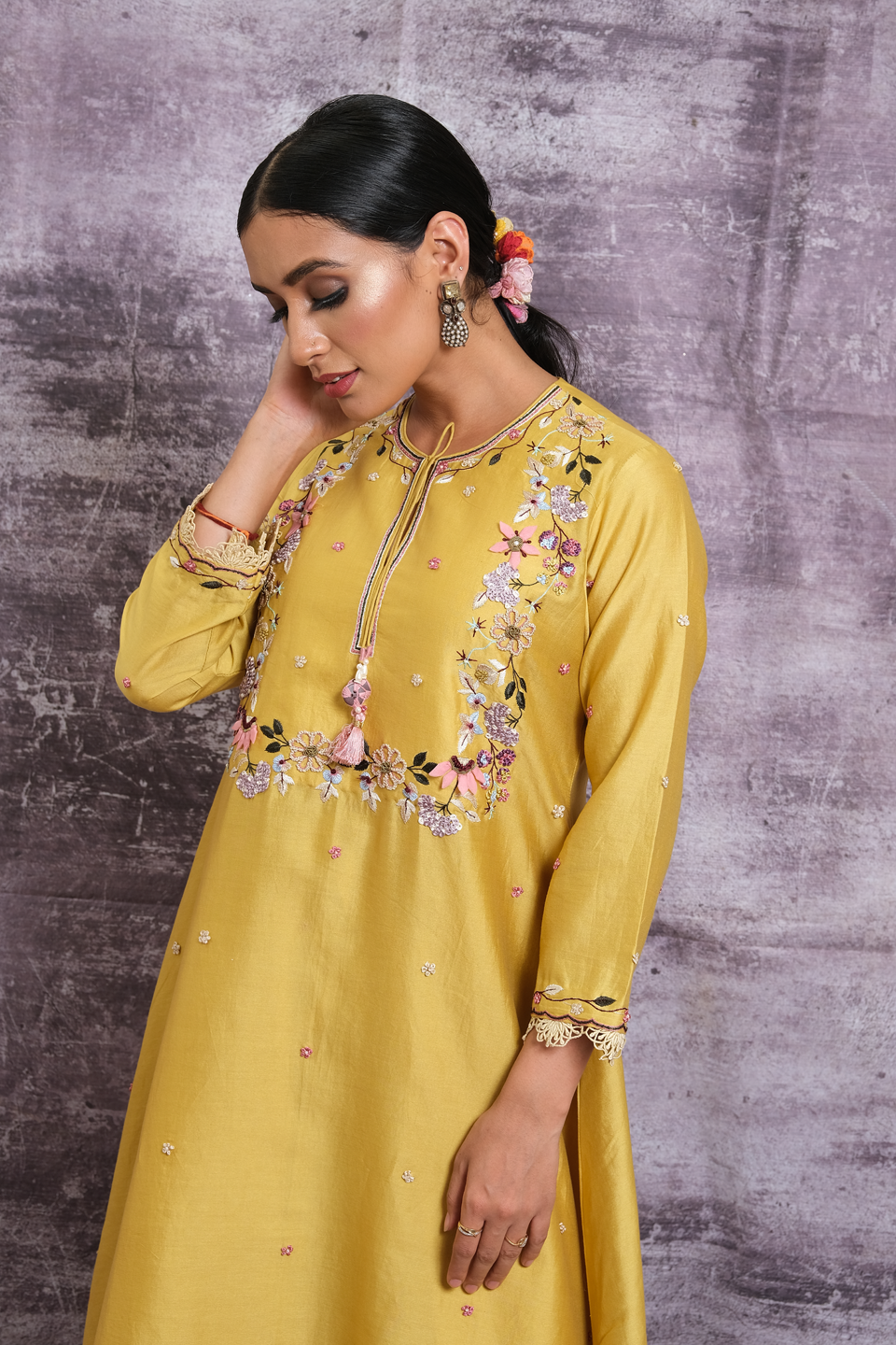 Yellow French Knot Handkerchief Style Kurta Set