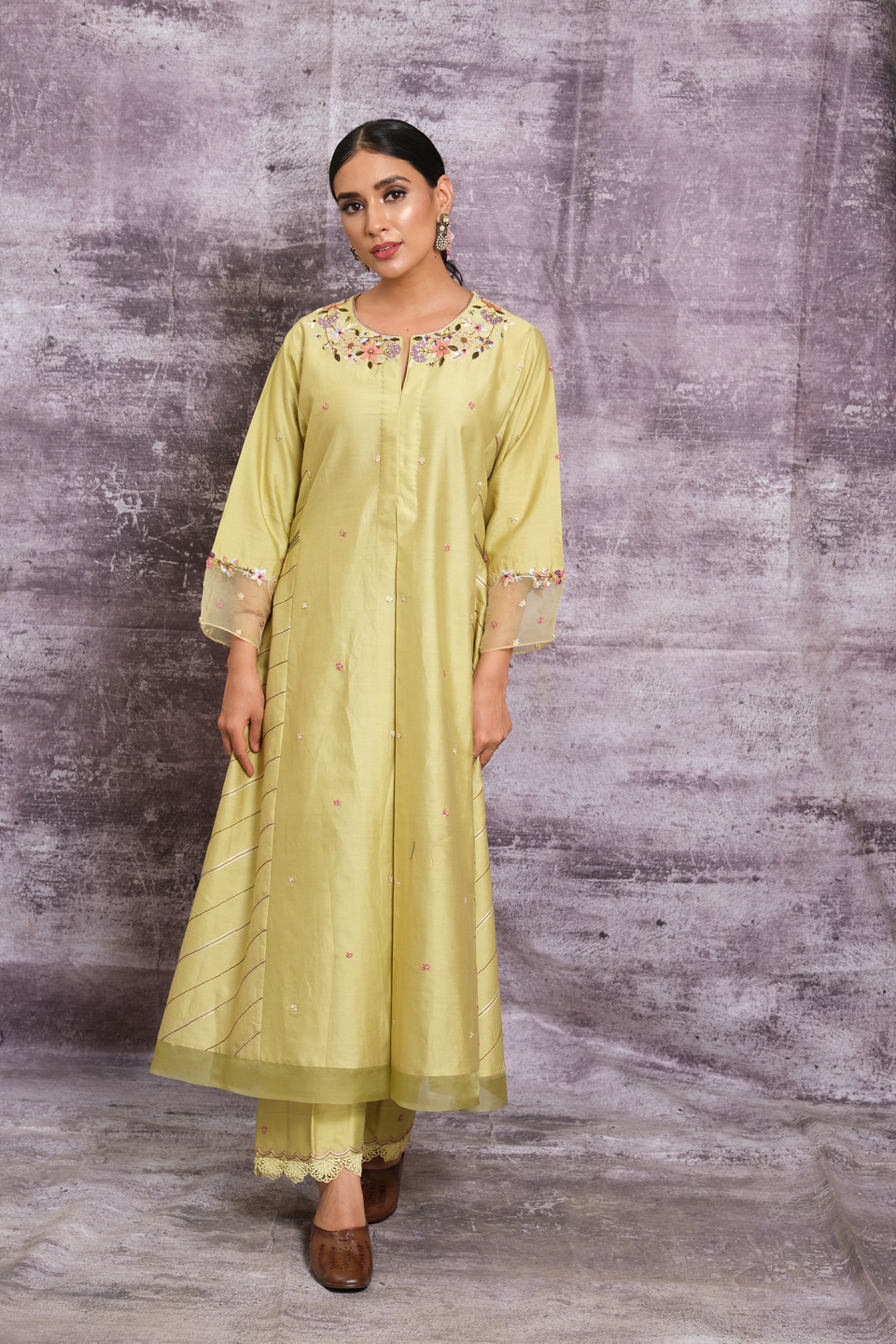 Green French Knot Style Stripe Kurta Set