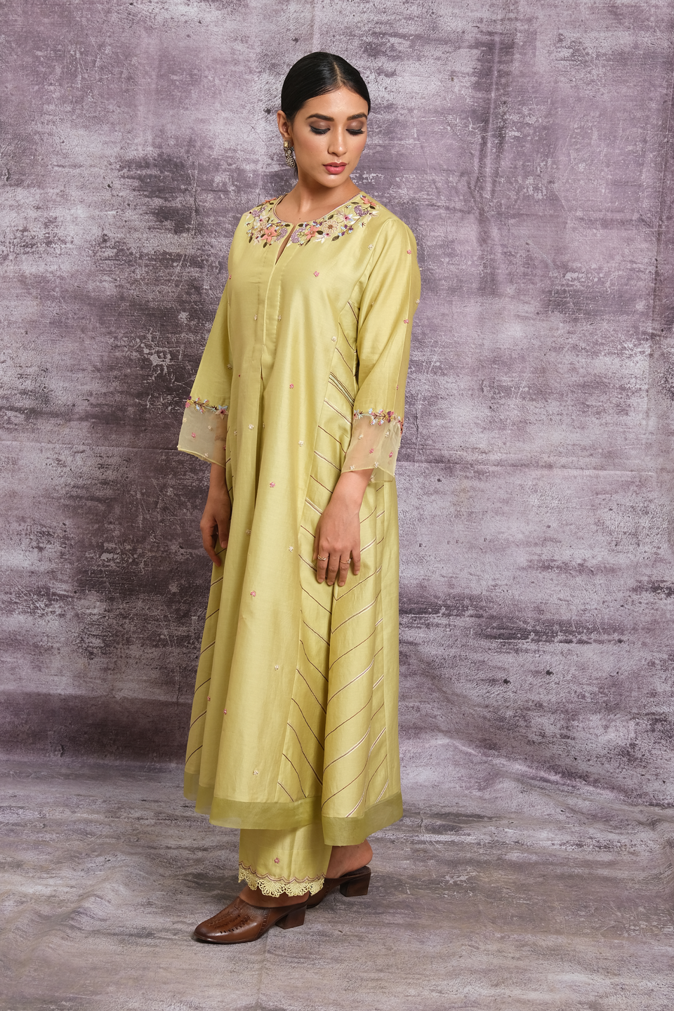 Green French Knot Style Stripe Kurta Set