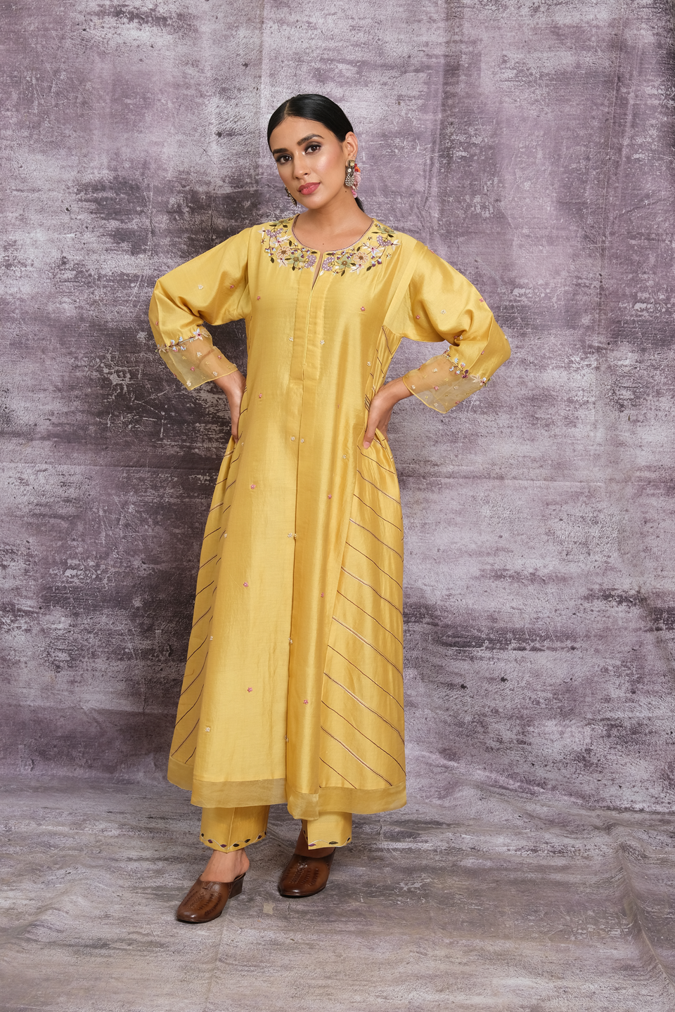 Yellow French Knot Style Stripe Kurta Set