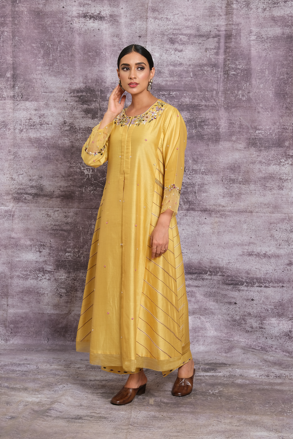 Yellow French Knot Style Stripe Kurta Set