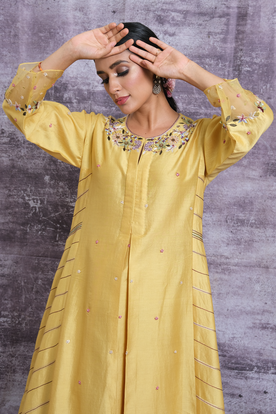 Yellow French Knot Style Stripe Kurta Set