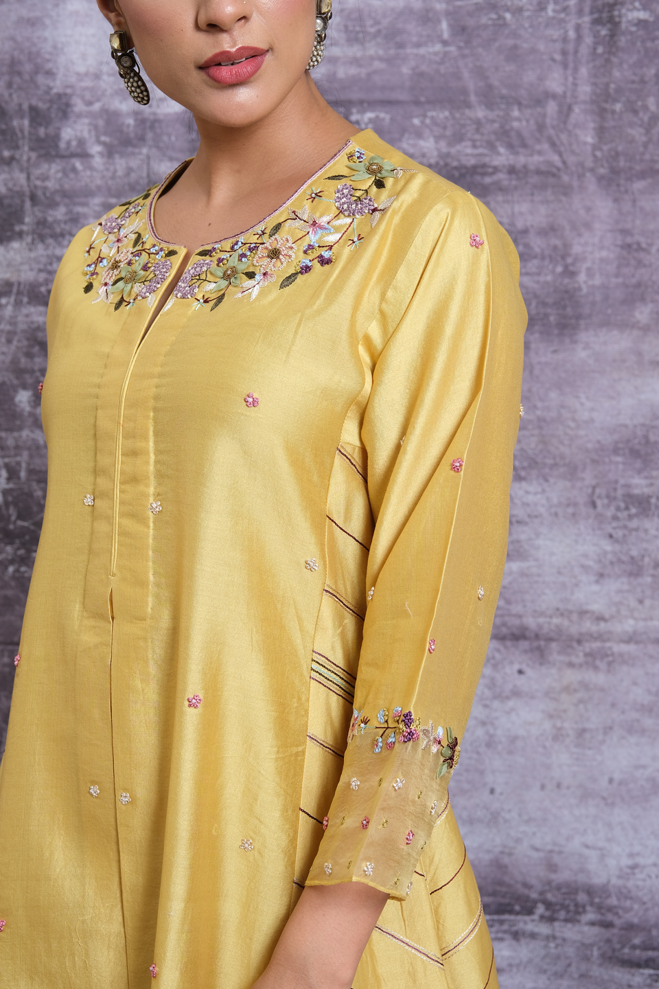 Yellow French Knot Style Stripe Kurta Set
