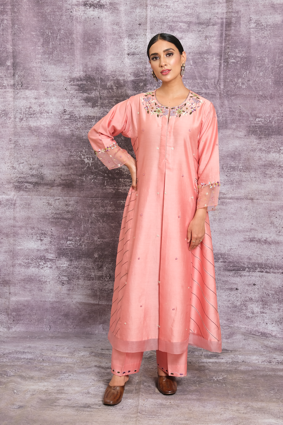 Pink French Knot Style Stripe Kurta Set