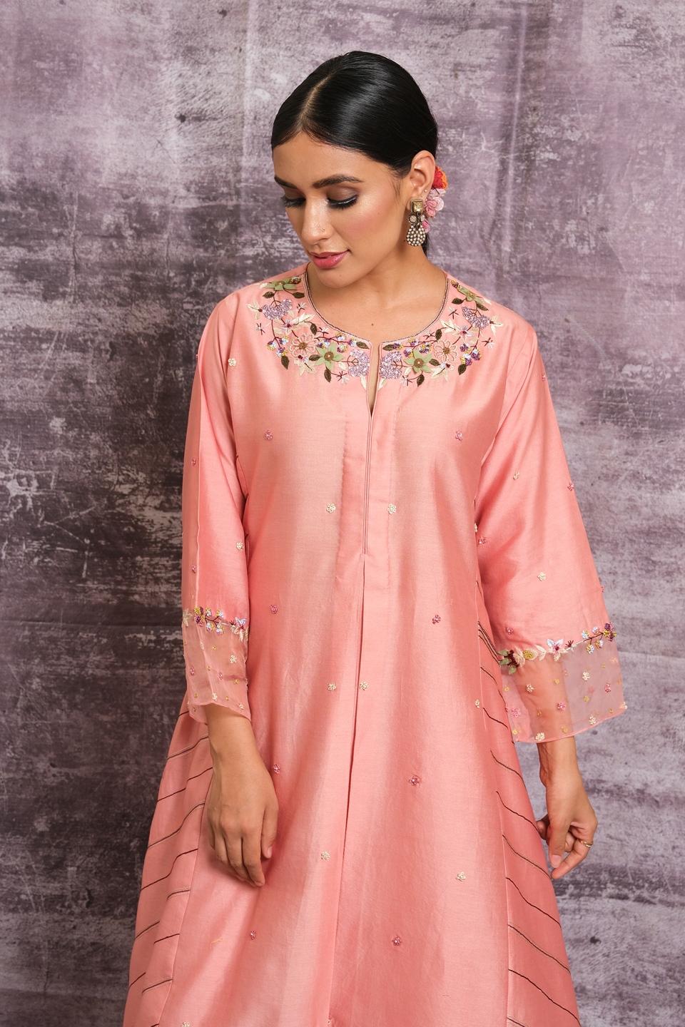 Pink French Knot Style Stripe Kurta Set