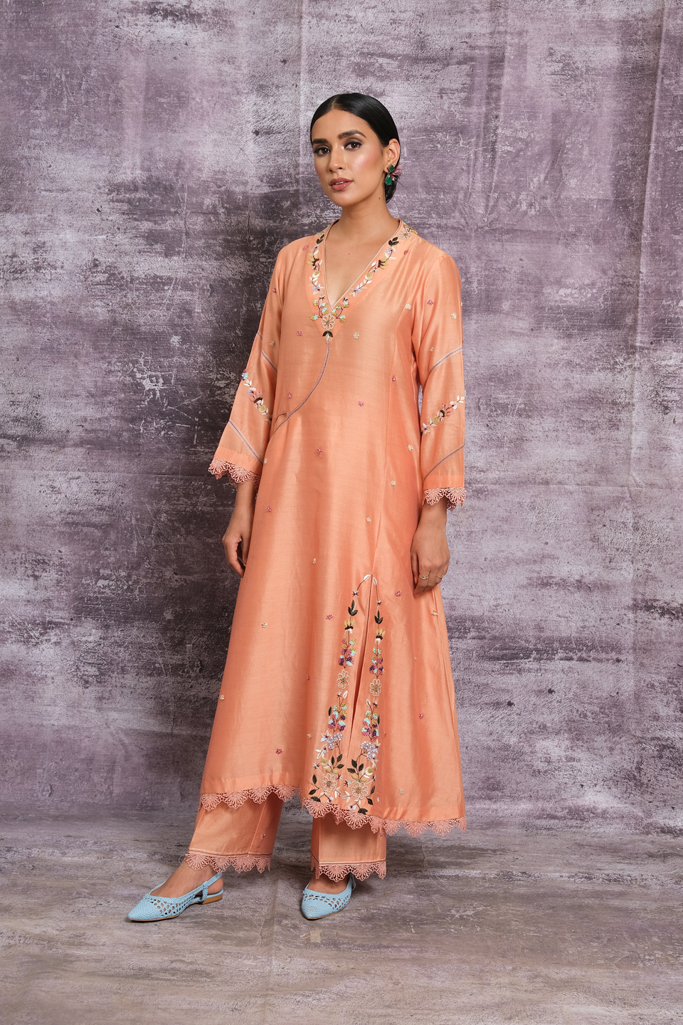Peach French Knot Pocket Style Kurta Set