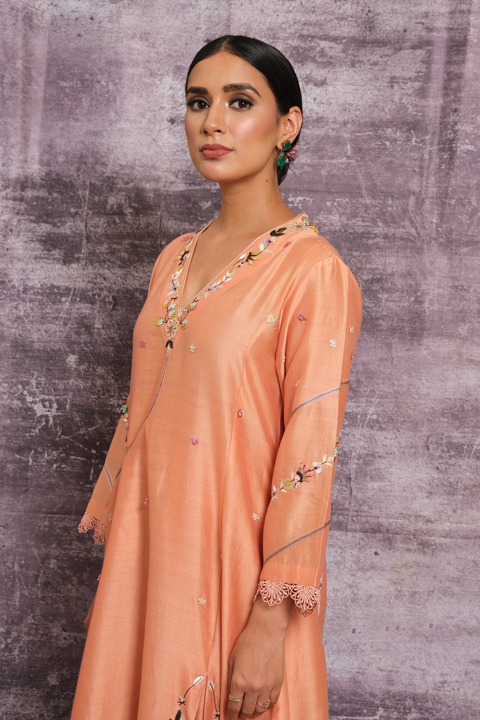 Peach French Knot Pocket Style Kurta Set