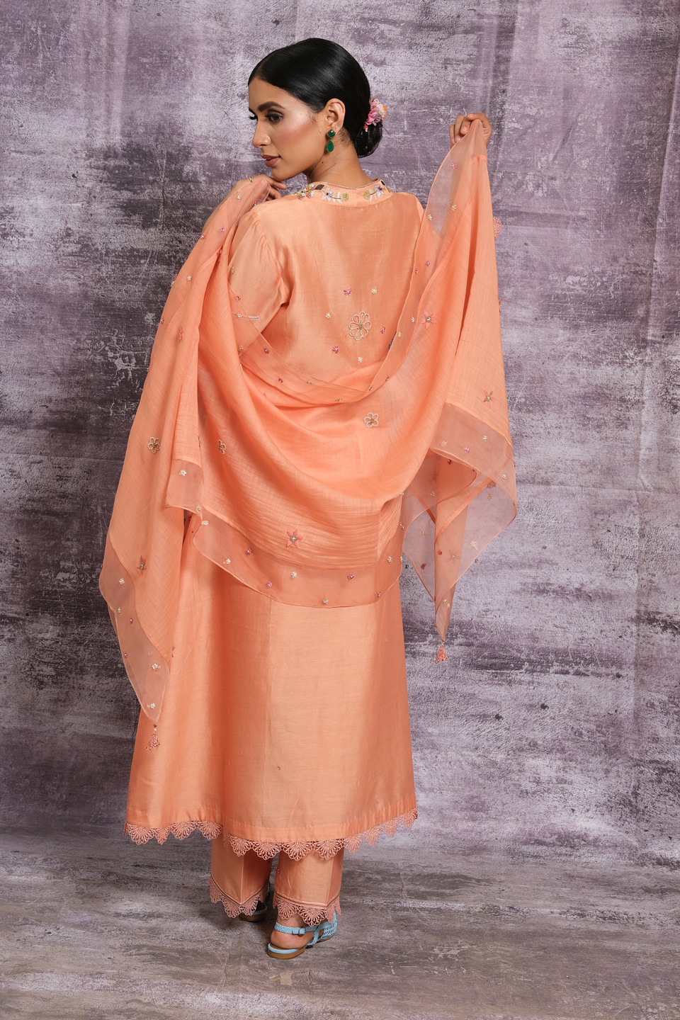 Peach French Knot Pocket Style Kurta Set