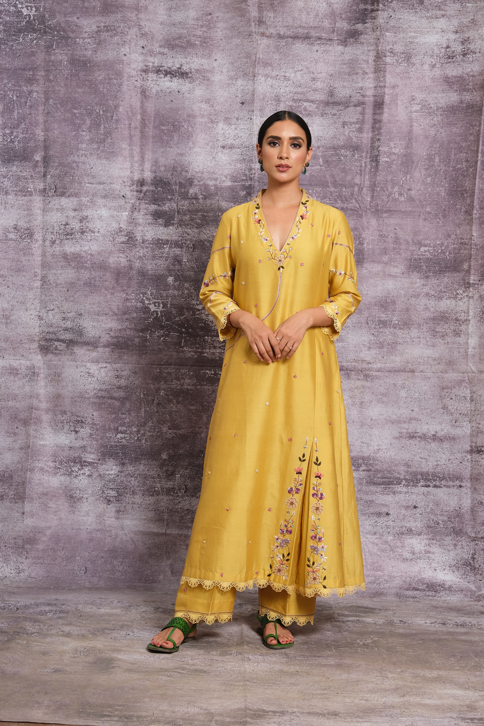 Yellow French Knot Pocket Style Kurta Set