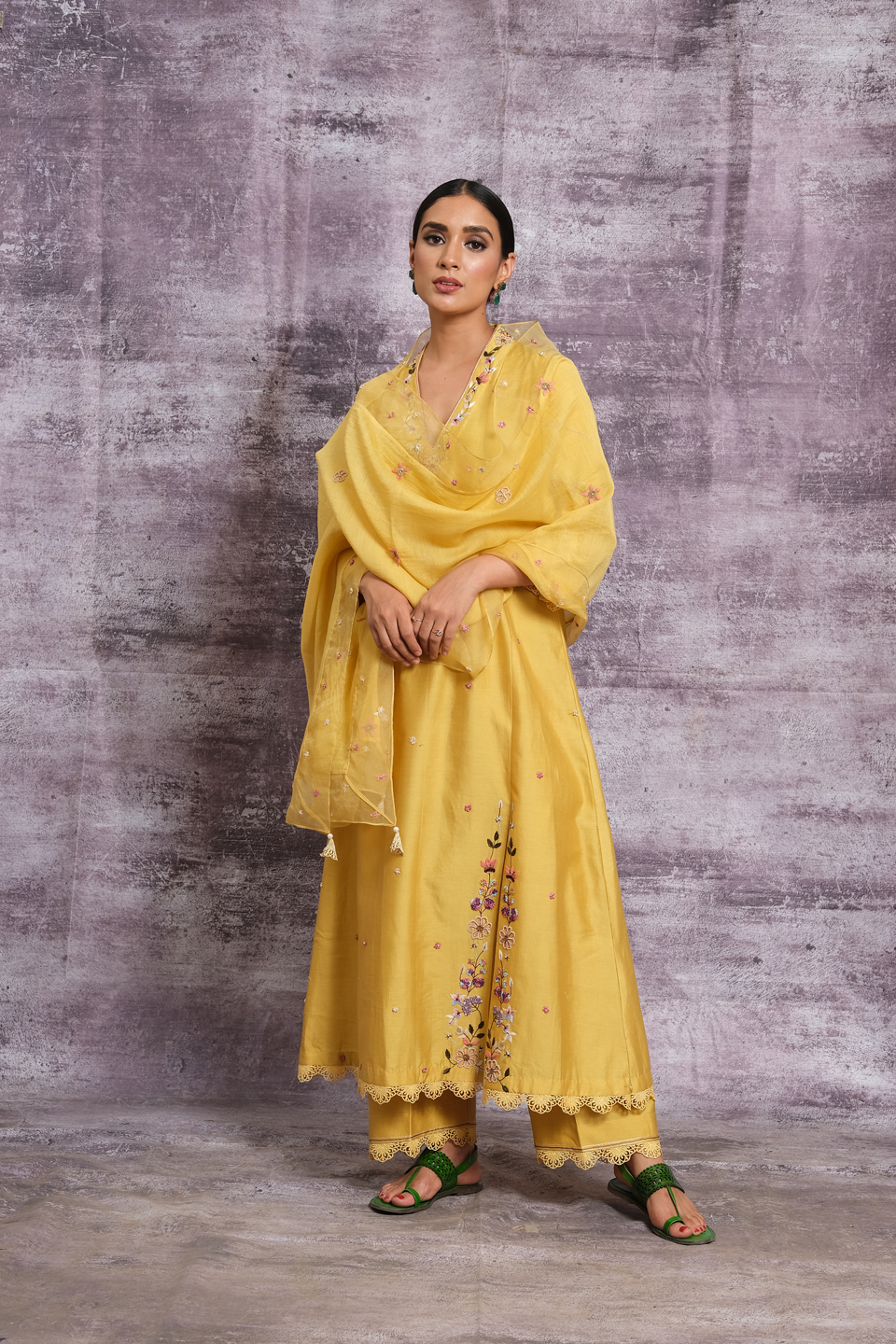 Yellow French Knot Pocket Style Kurta Set