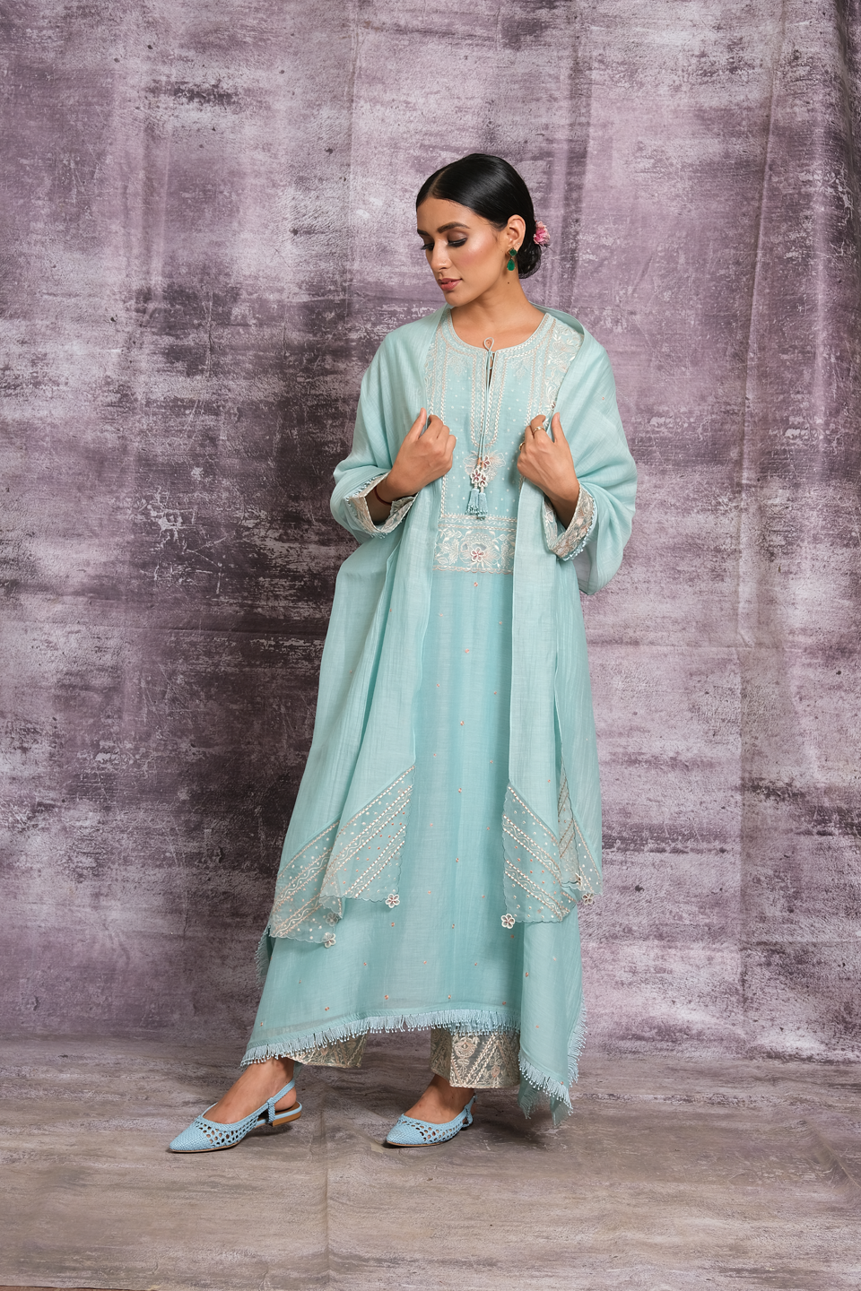 Light Blue Dori Paisley Yoke Long Kurta Set