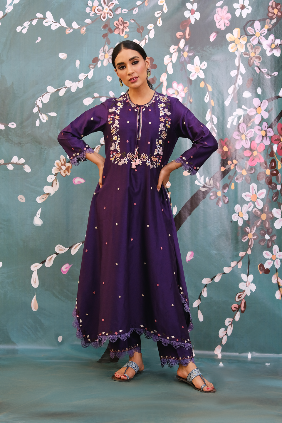 Purple French Knot Handkerchief Style Kurta Set