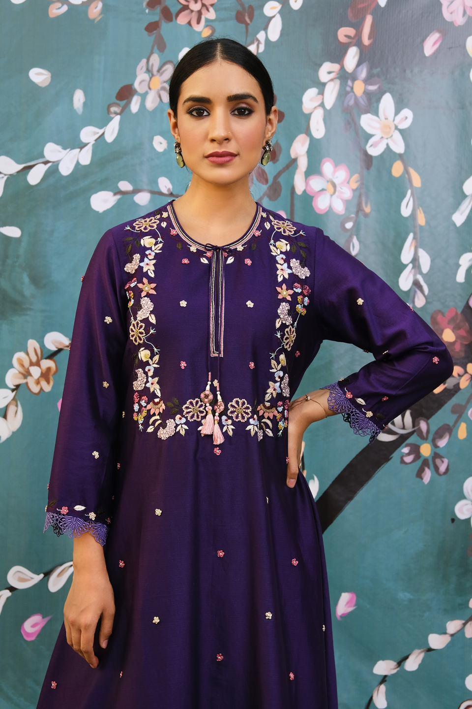 Purple French Knot Handkerchief Style Kurta Set