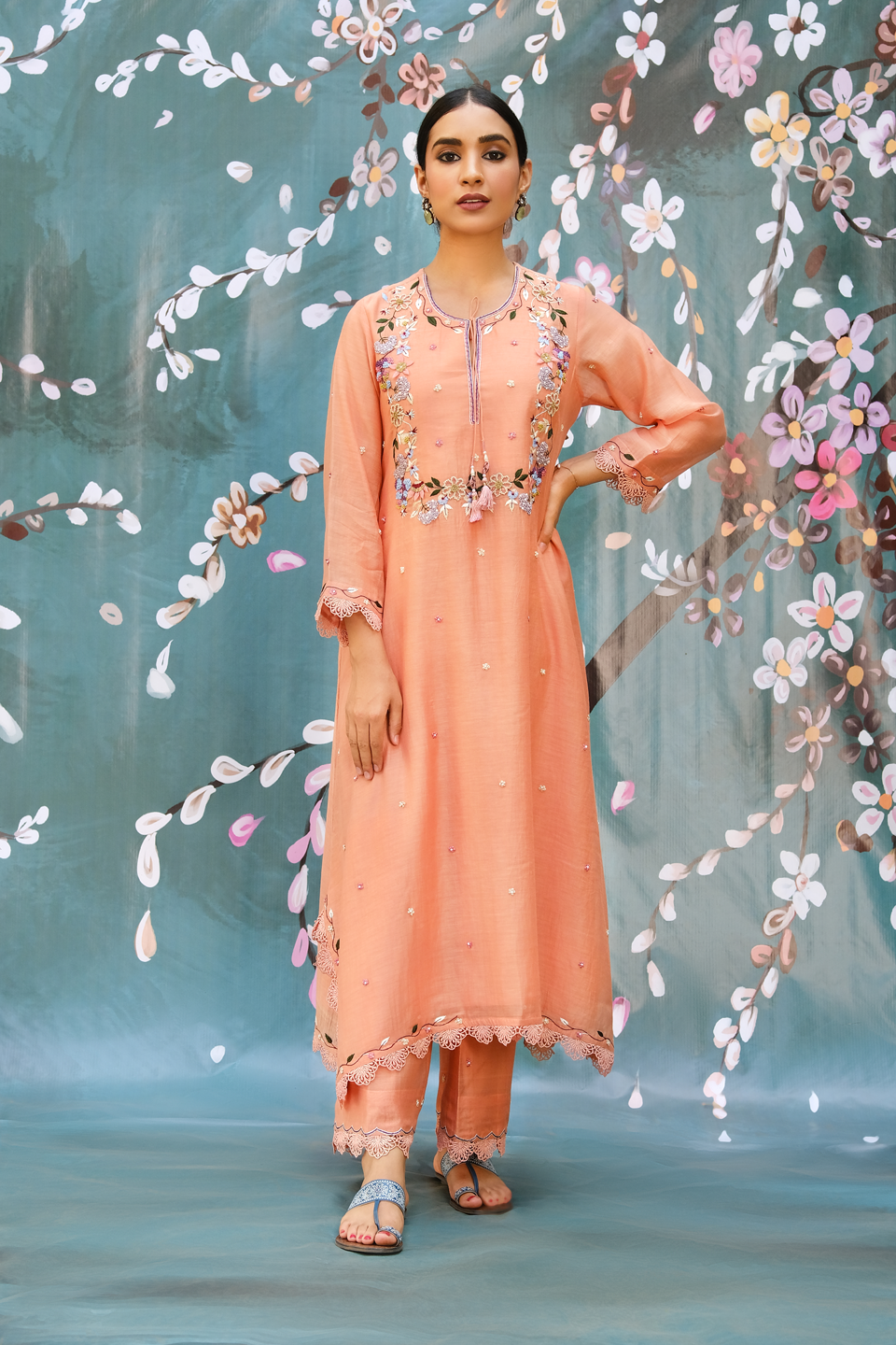 Peach French Knot Handkerchief Style Kurta Set