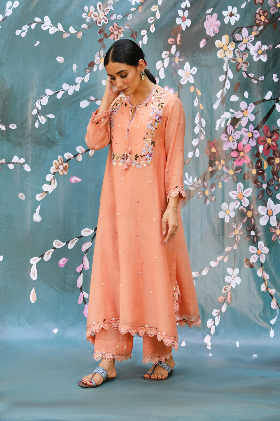 Peach French Knot Handkerchief Style Kurta Set