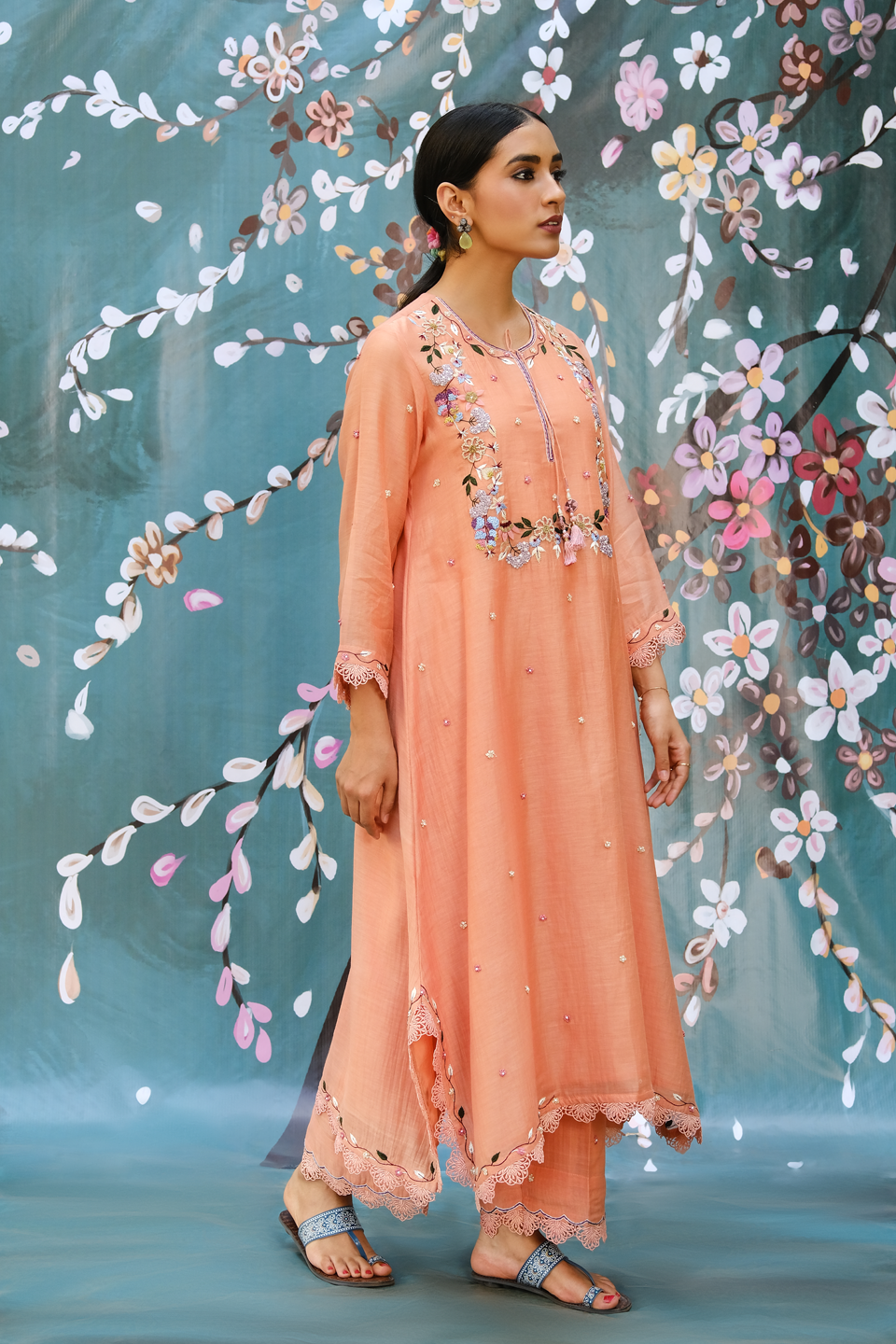 Peach French Knot Handkerchief Style Kurta Set