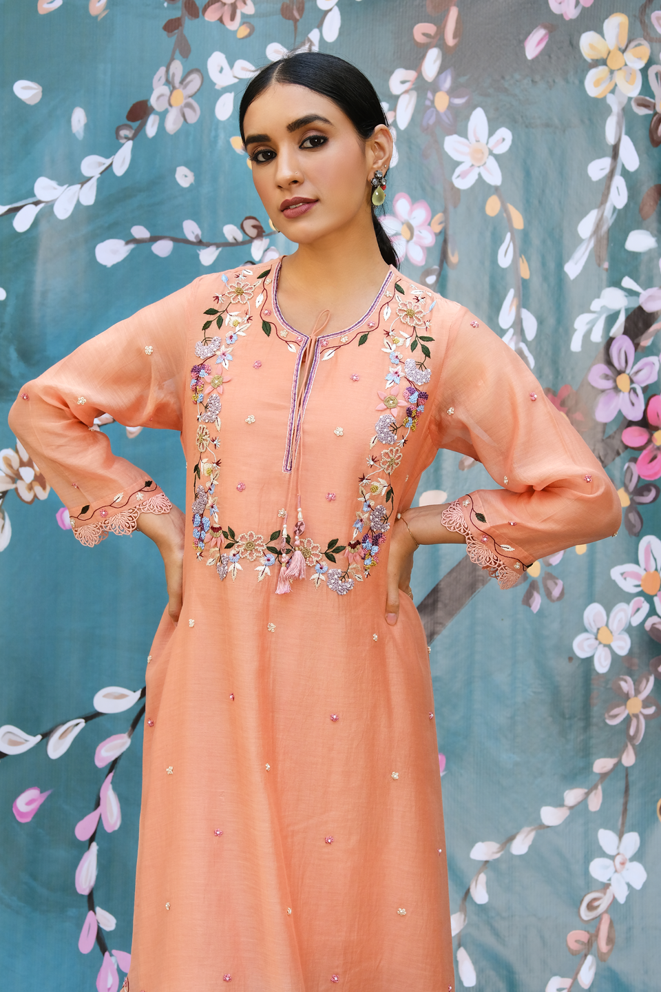 Peach French Knot Handkerchief Style Kurta Set