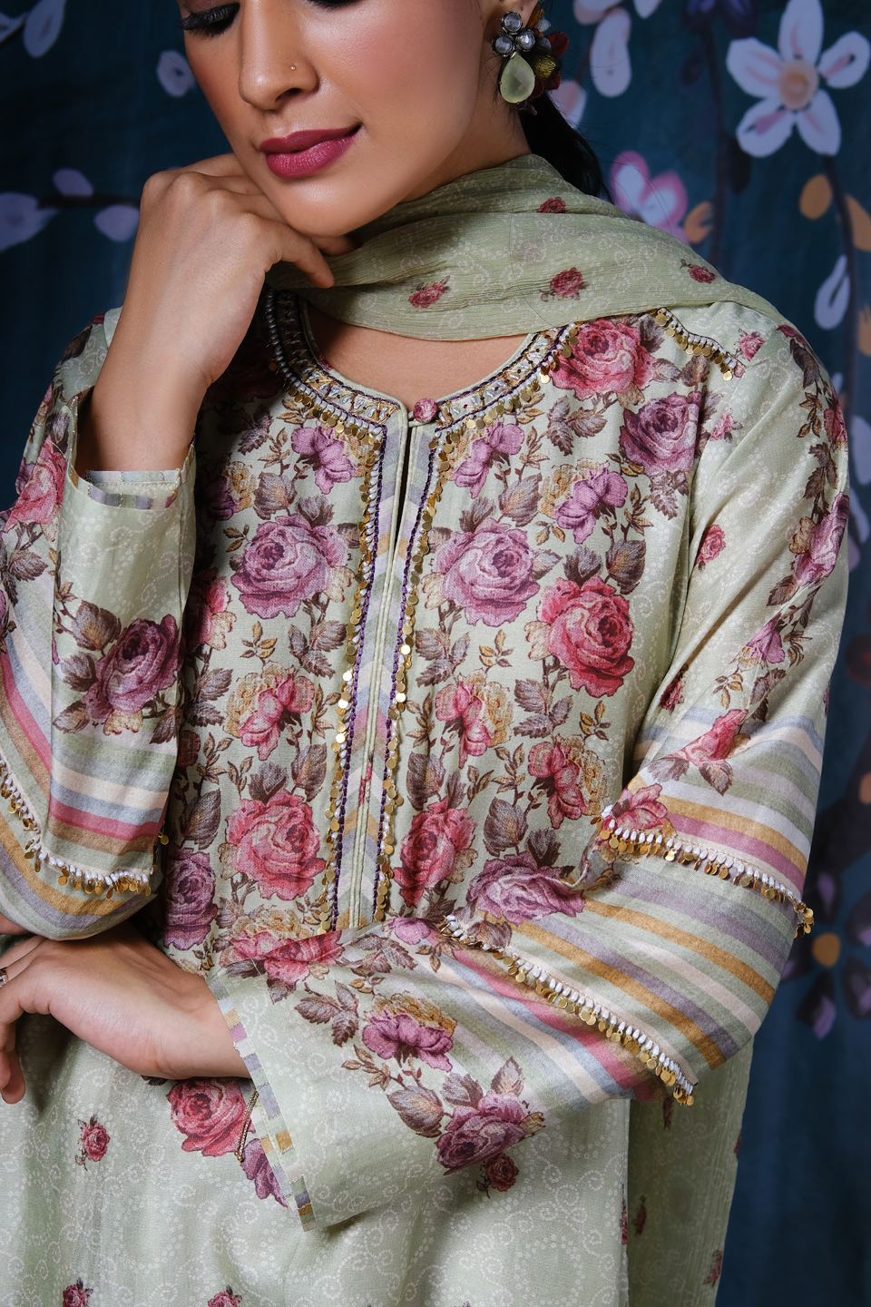 Mint Green Classic Neck Rose And Stripe Kurta Set