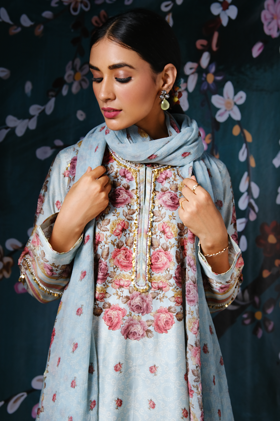 Blue Classic Neck Rose And Stripe Kurta Set