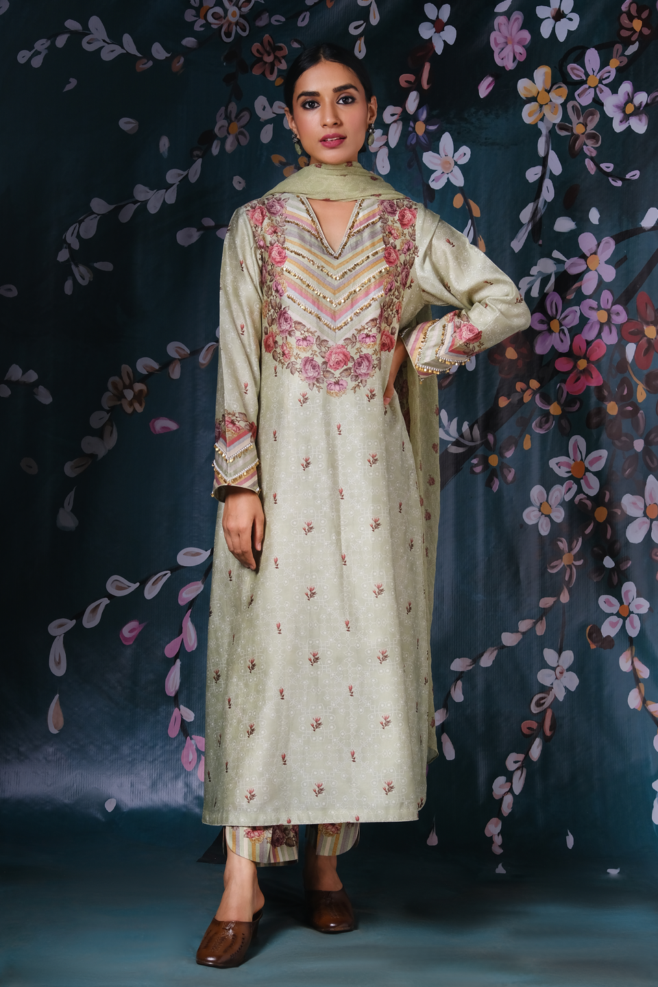 Mint Green Yoke Neck Rose And Stripe Kurta Set