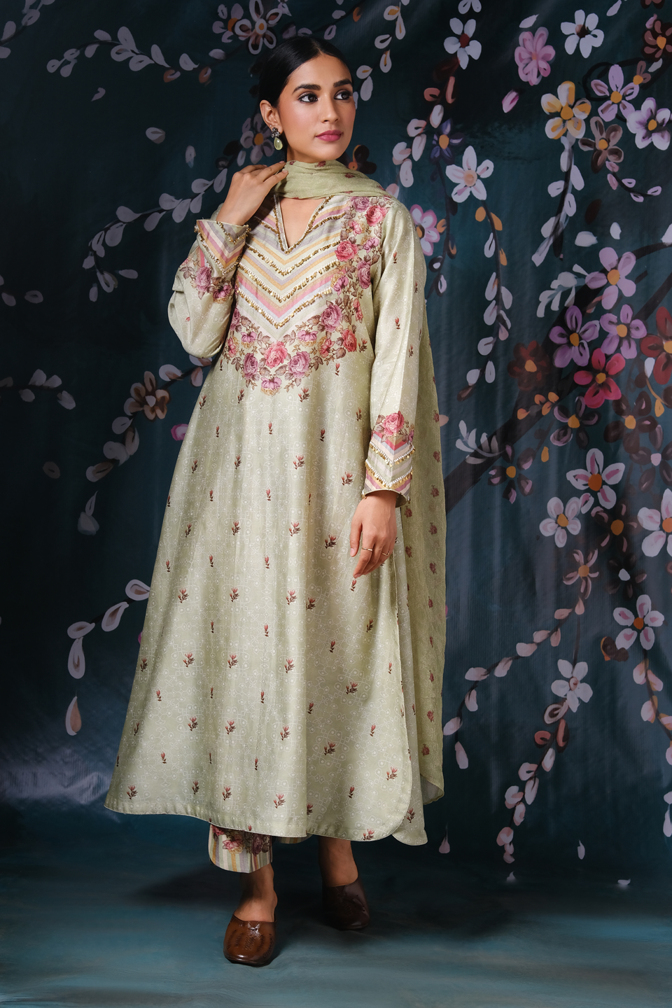 Mint Green Yoke Neck Rose And Stripe Kurta Set