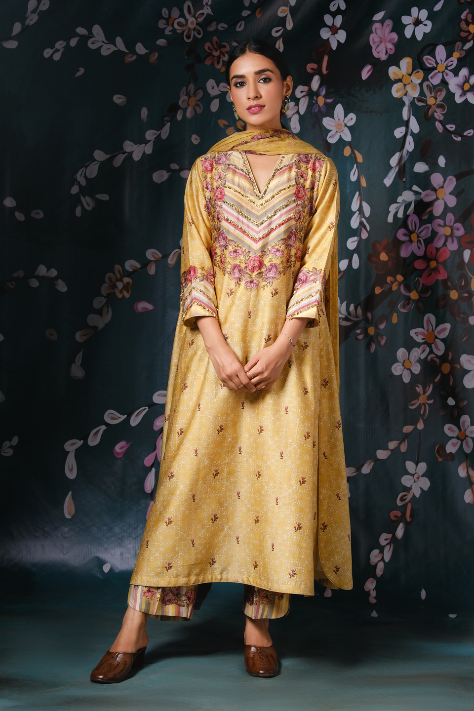 Yellow Yoke Neck Rose And Stripe Kurta Set