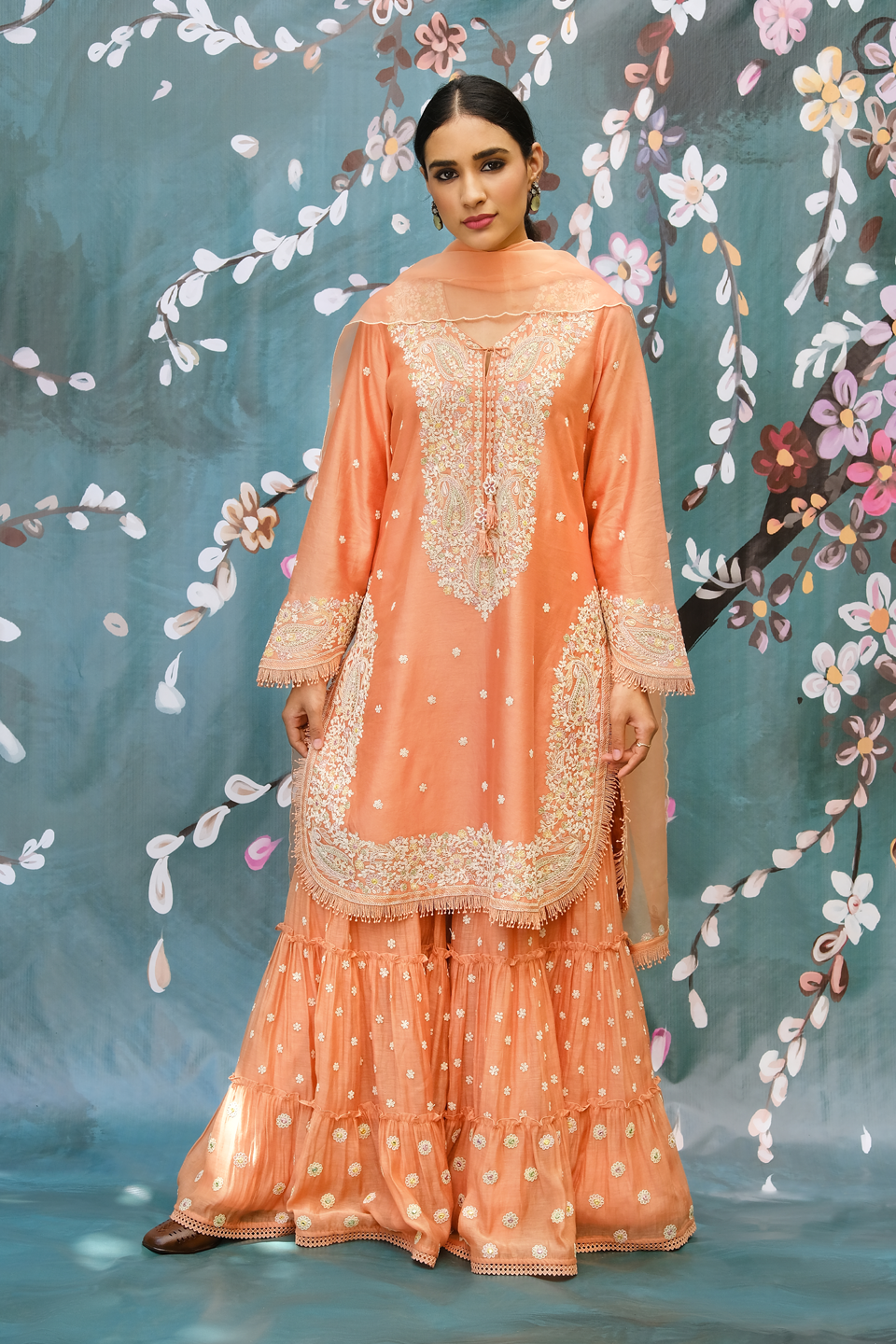 Peach Dori Paisley Sharara Set