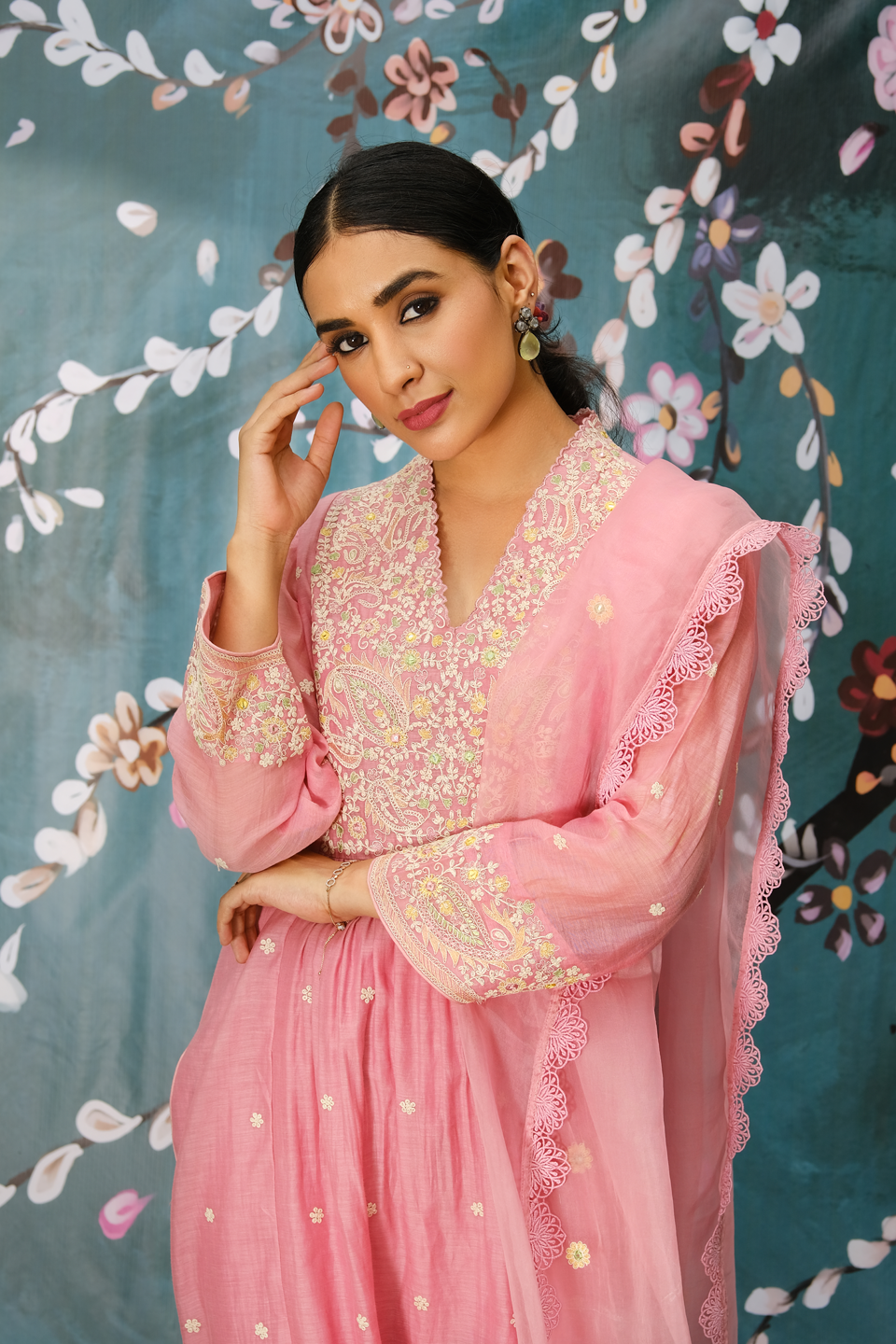 Pink Dori Paisley Frock Style Kurta Set