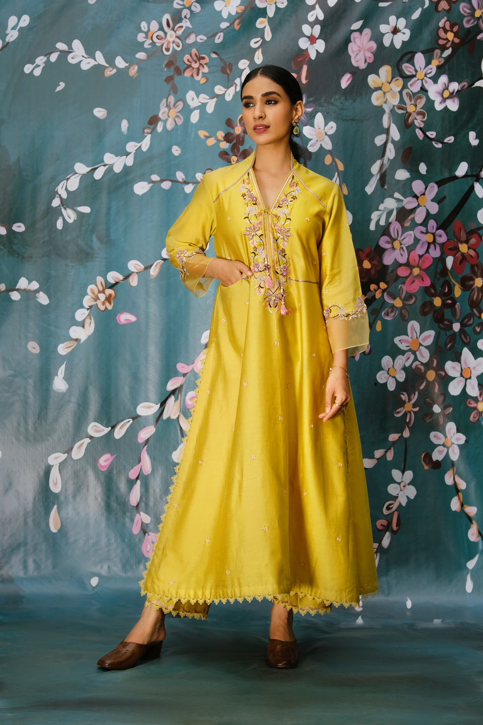 Yellow Floral Hoop Style Kurta Set