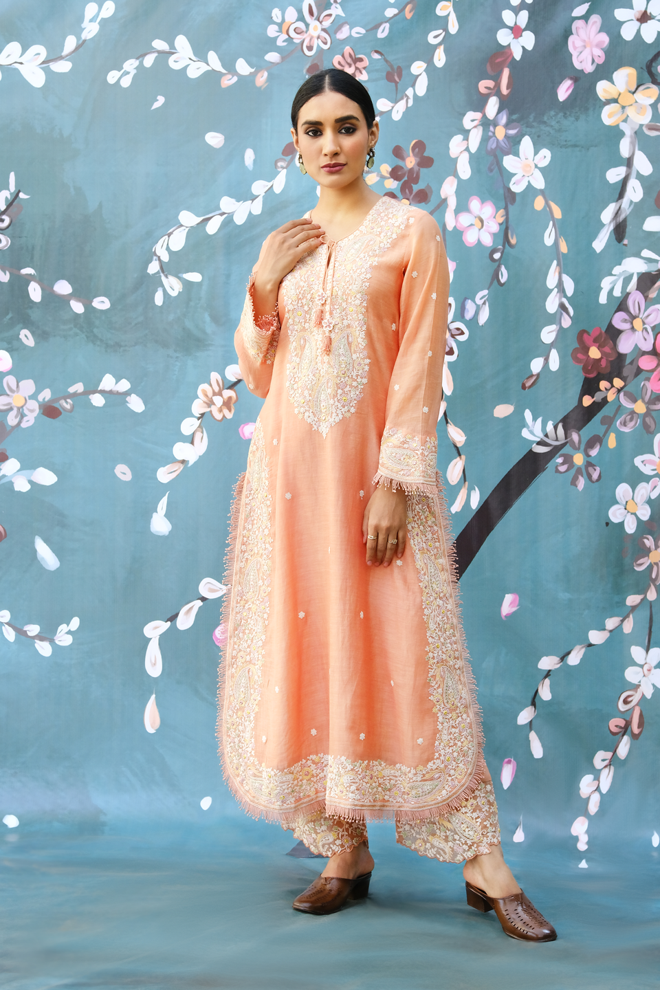 Peach Dori Paisley Long Kurta Set