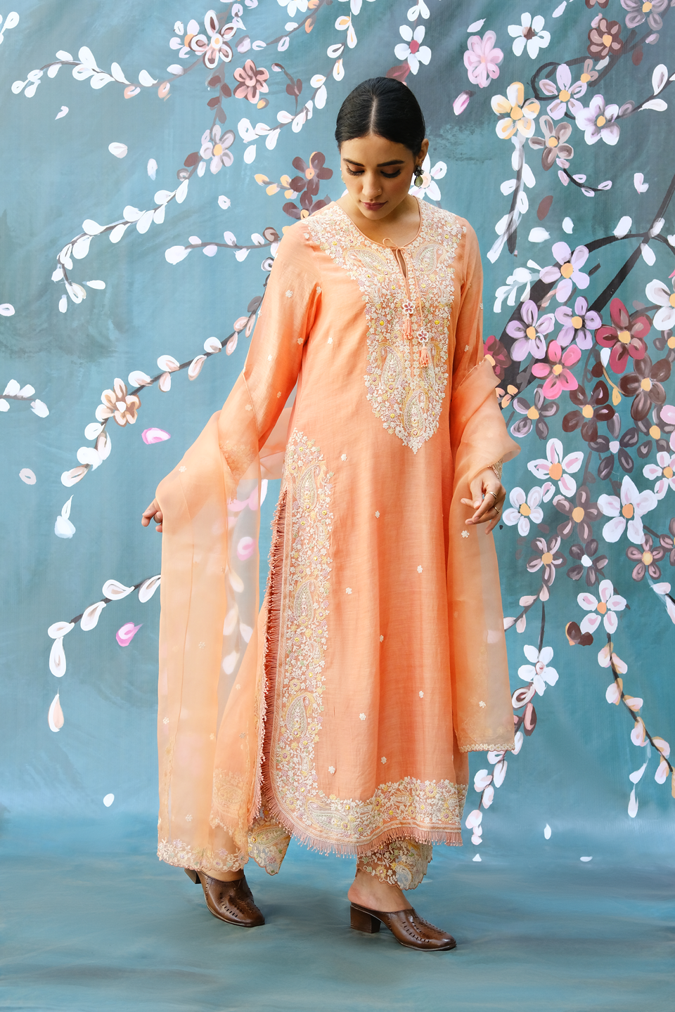 Peach Dori Paisley Long Kurta Set