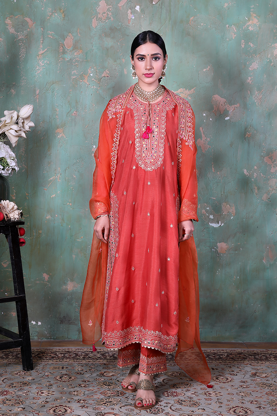 Orange Marodi Long Kurta Set