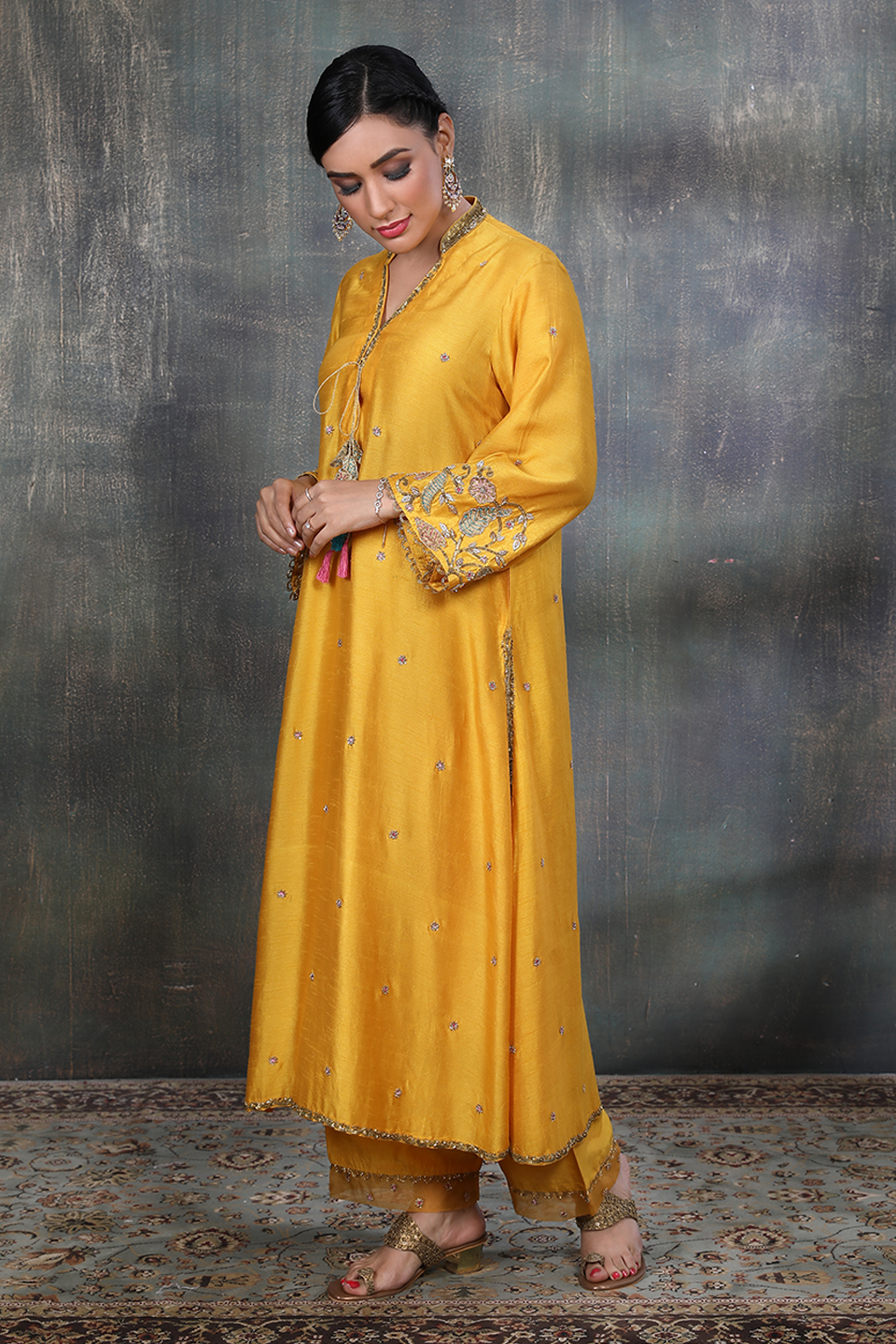 Mustard Mughal Jaal Heavy Sleeves Kurta Set