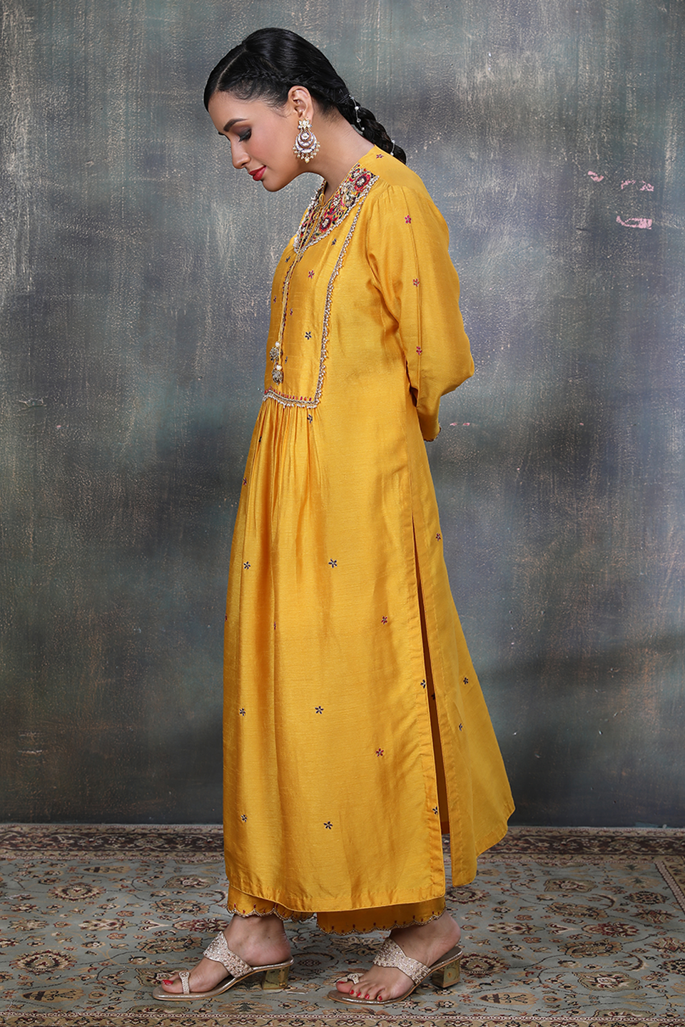 Mustard Floral Zardozi Chunnat Kurta Set