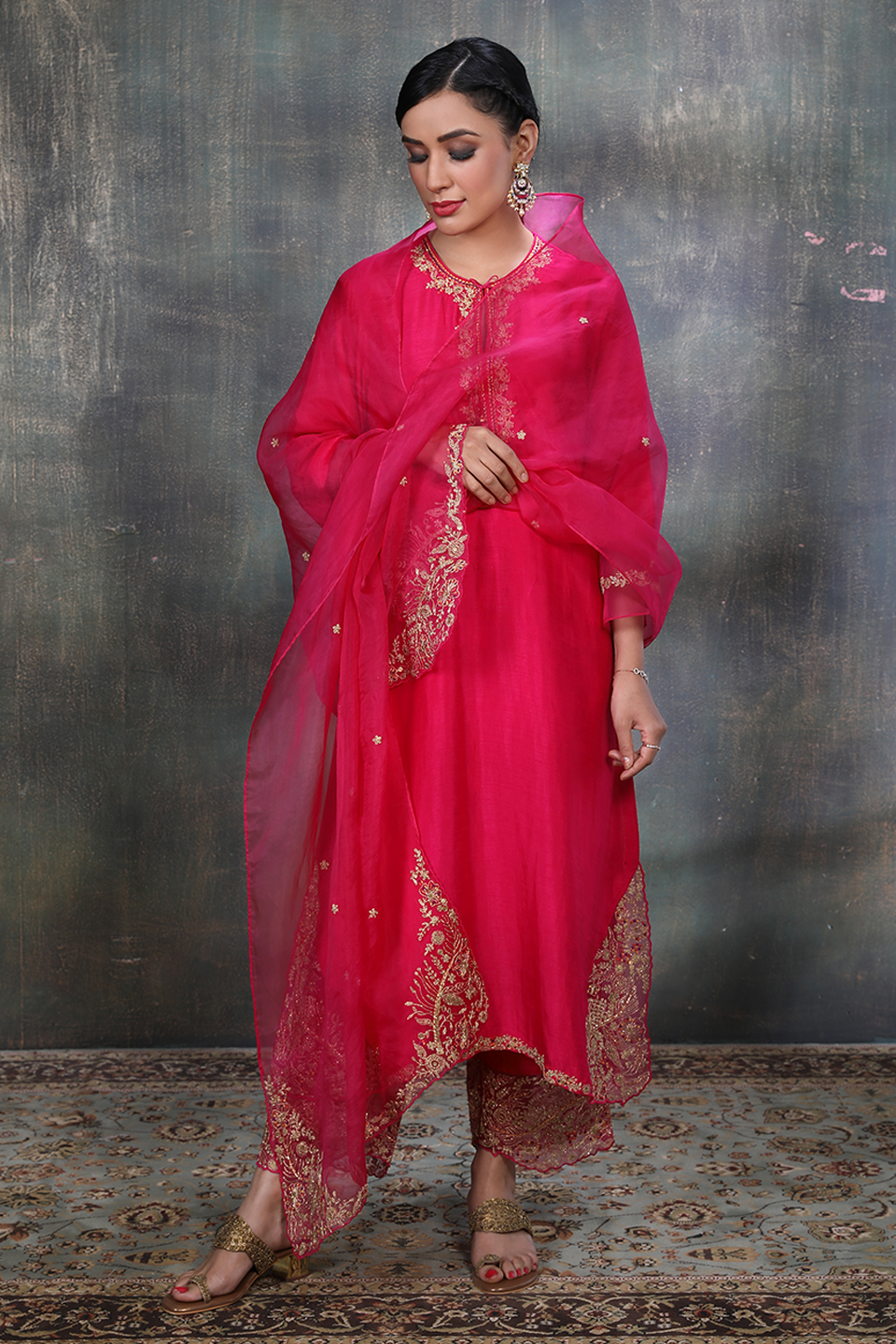 Pink Leaf Jaal Kurta Set