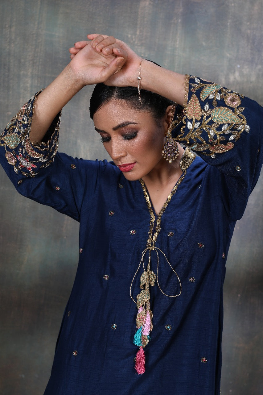 Blue Mughal Jaal Heavy Palazzo Kurta Set