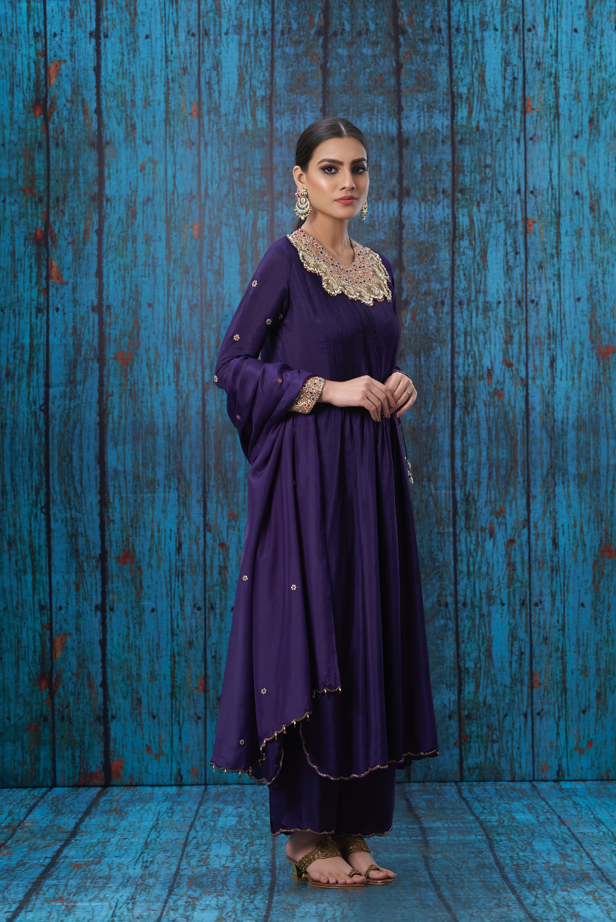 Purple Tikki and Pearl Choker Neck Kurta Set