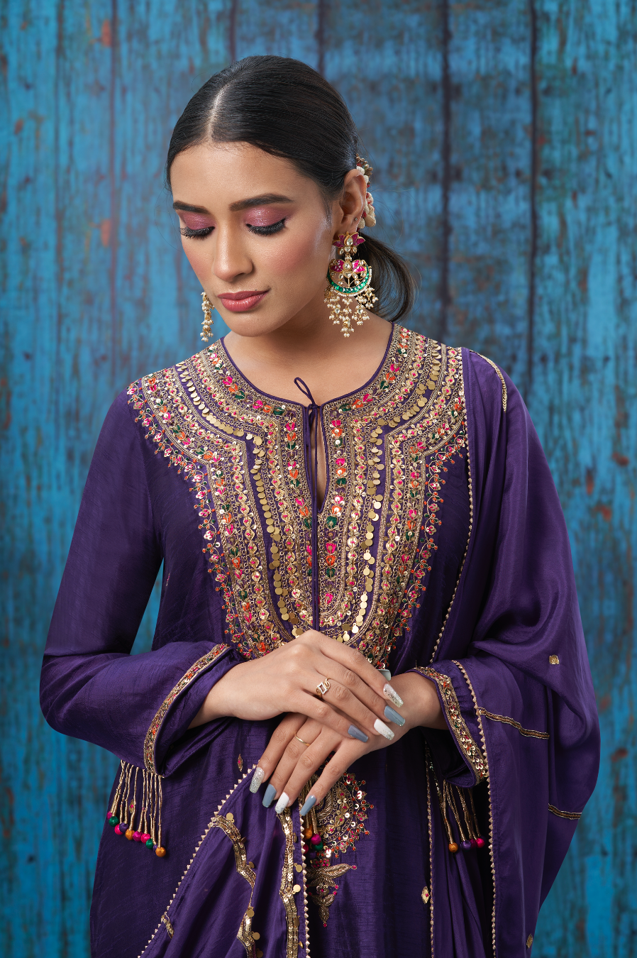 Multicolor Purple Resham and Zardozi Heavy-Neck Kurta Set