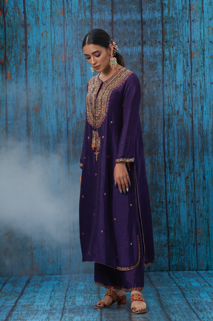 Multicolor Purple Resham and Zardozi Heavy-Neck Kurta Set