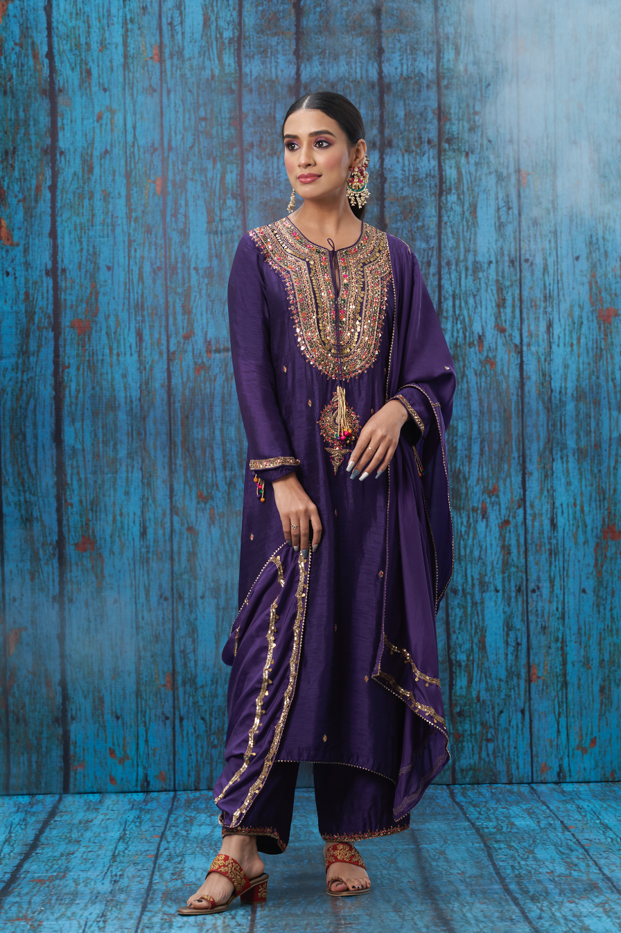 Multicolor Purple Resham and Zardozi Heavy-Neck Kurta Set