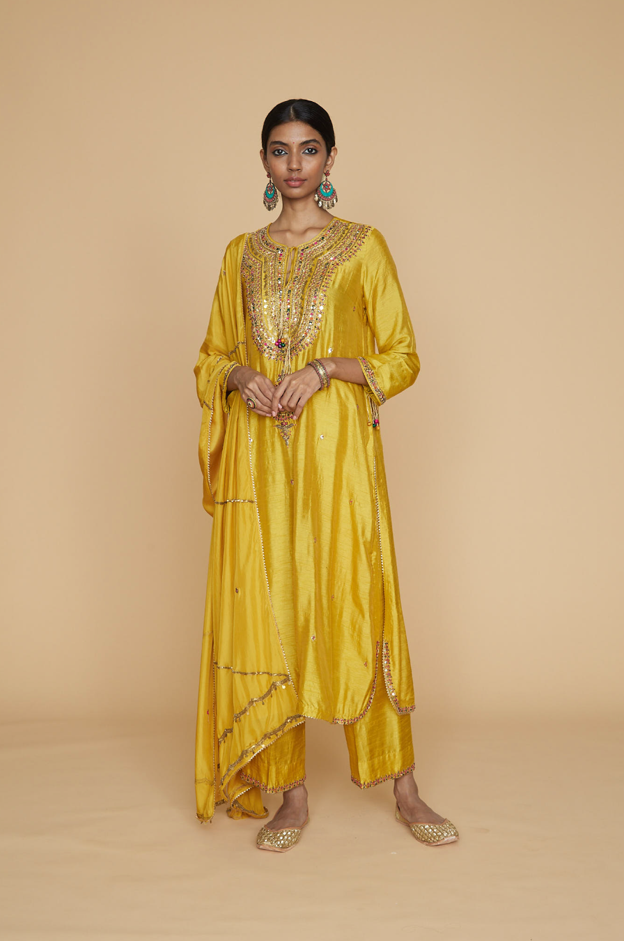 Multicolor Mustard Resham and Zardozi Heavy-Neck Kurta Set