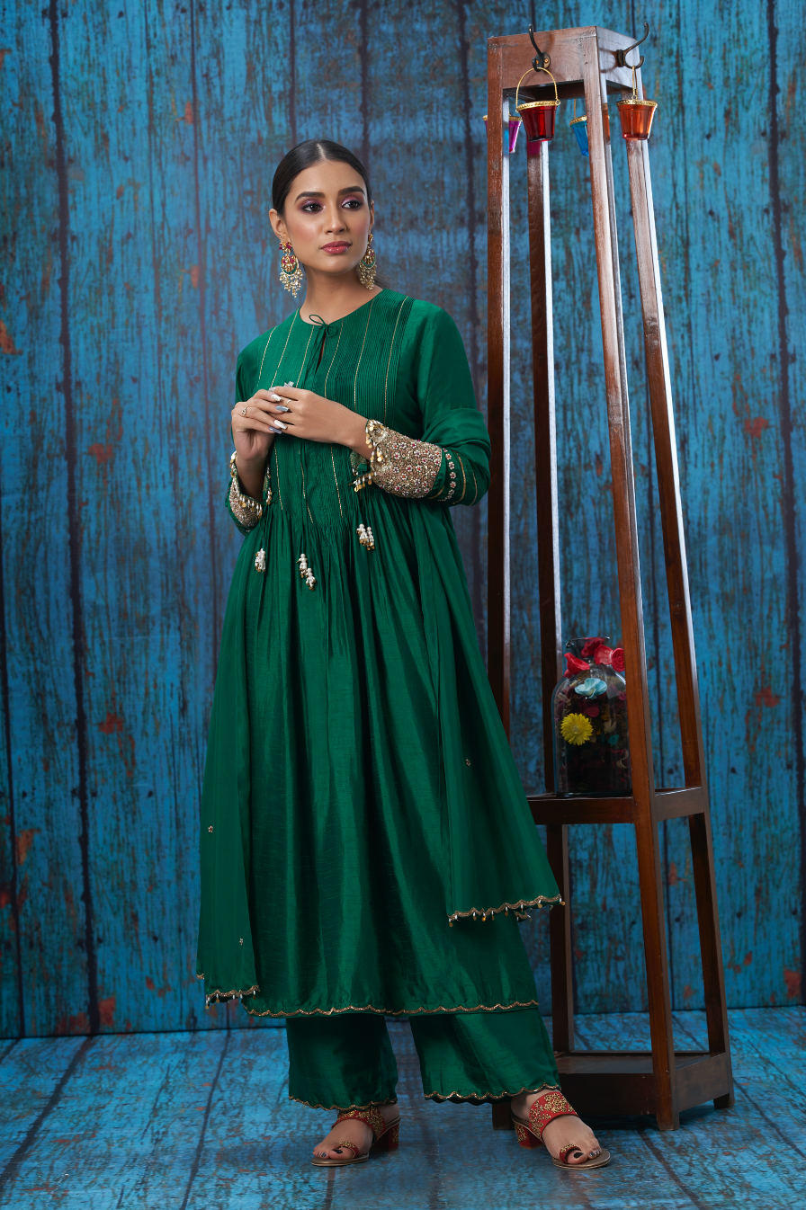 Green Tikki and Pearl Cuff Sleeve Kurta Set