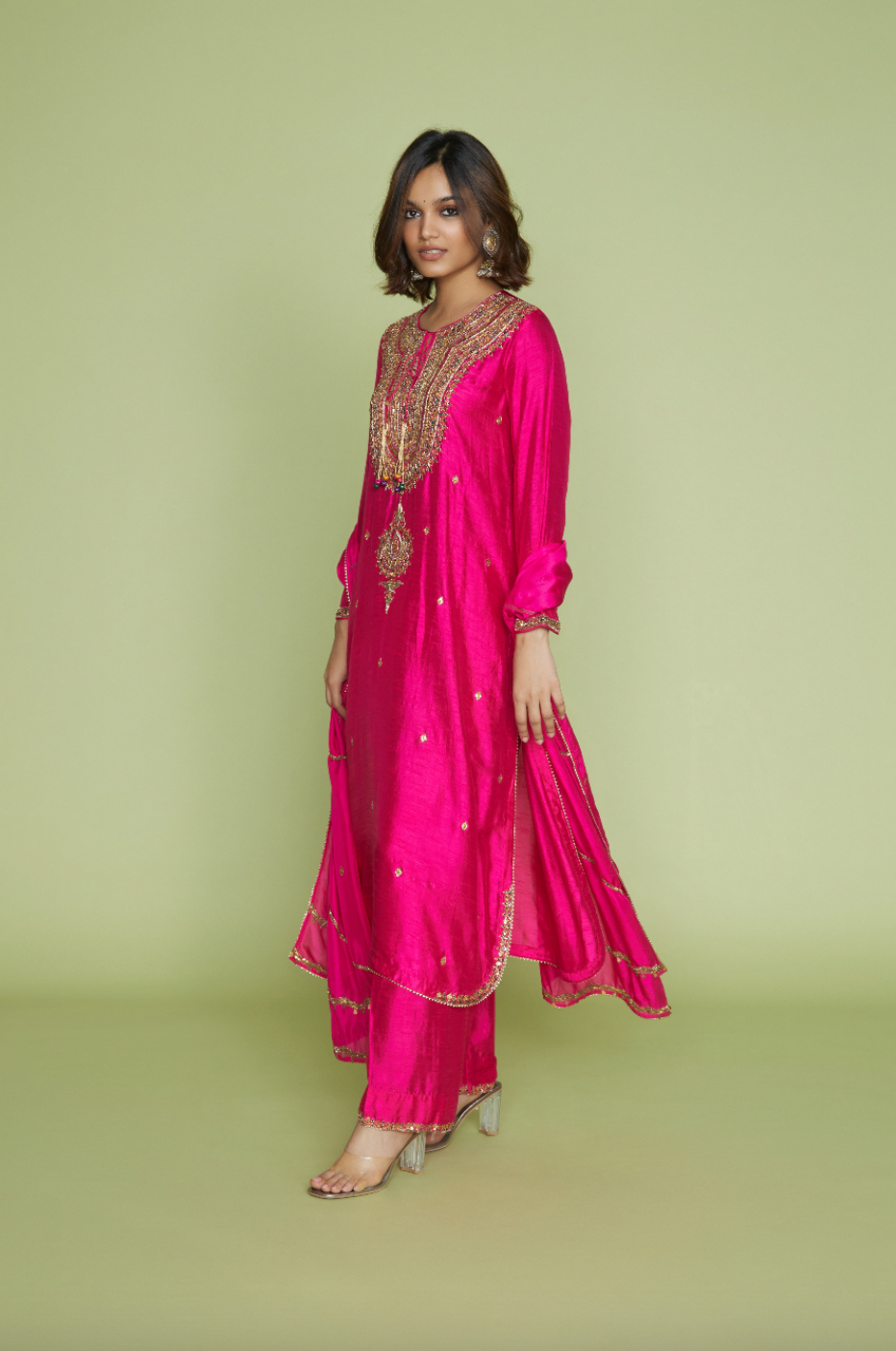 Multicolor Pink Resham and Zardozi Heavy-Neck Kurta Set