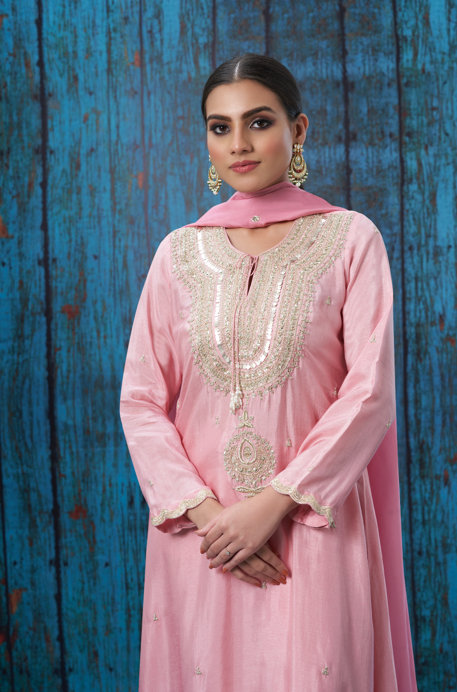 Baby Pink Tikki and Silver Zardozi Kurta Set